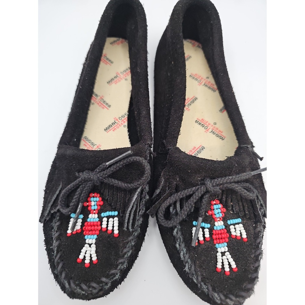 Minnetonka Thunderbird Beaded Suede Moccasins Womens 7 Black